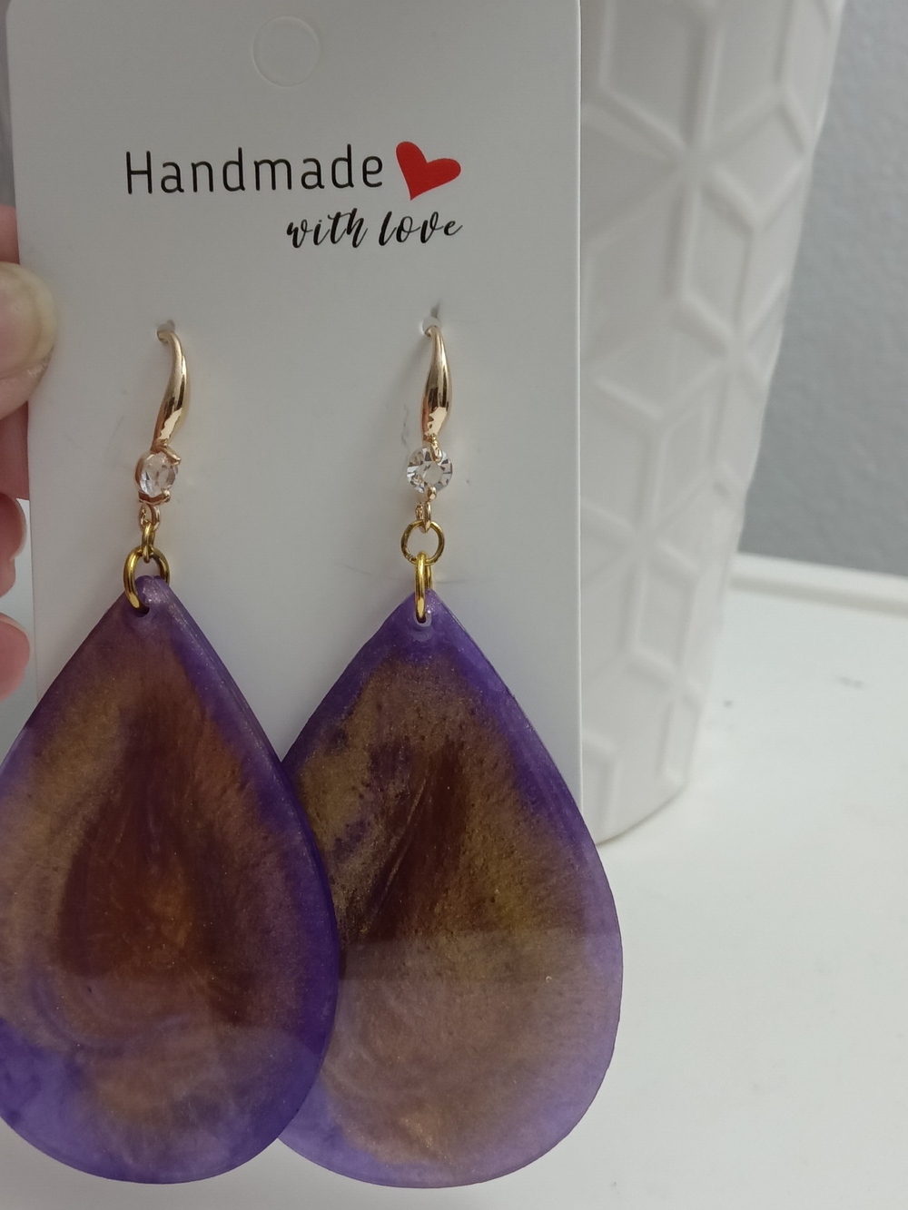 Handmade Purple and Gold Teardrop Earrings with Clear Accent